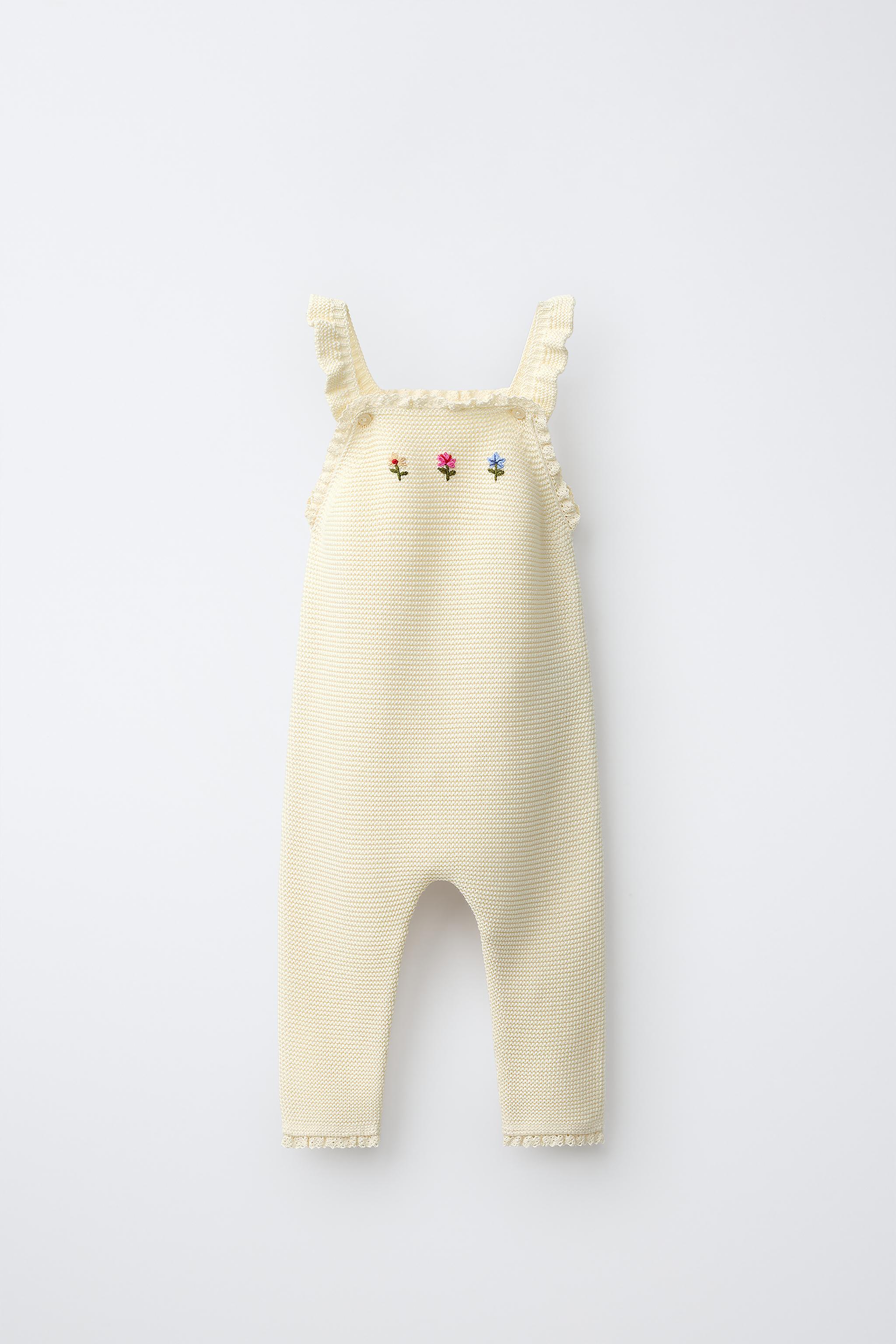 EMBROIDERED FLORAL KNIT OVERALLS — Ecru