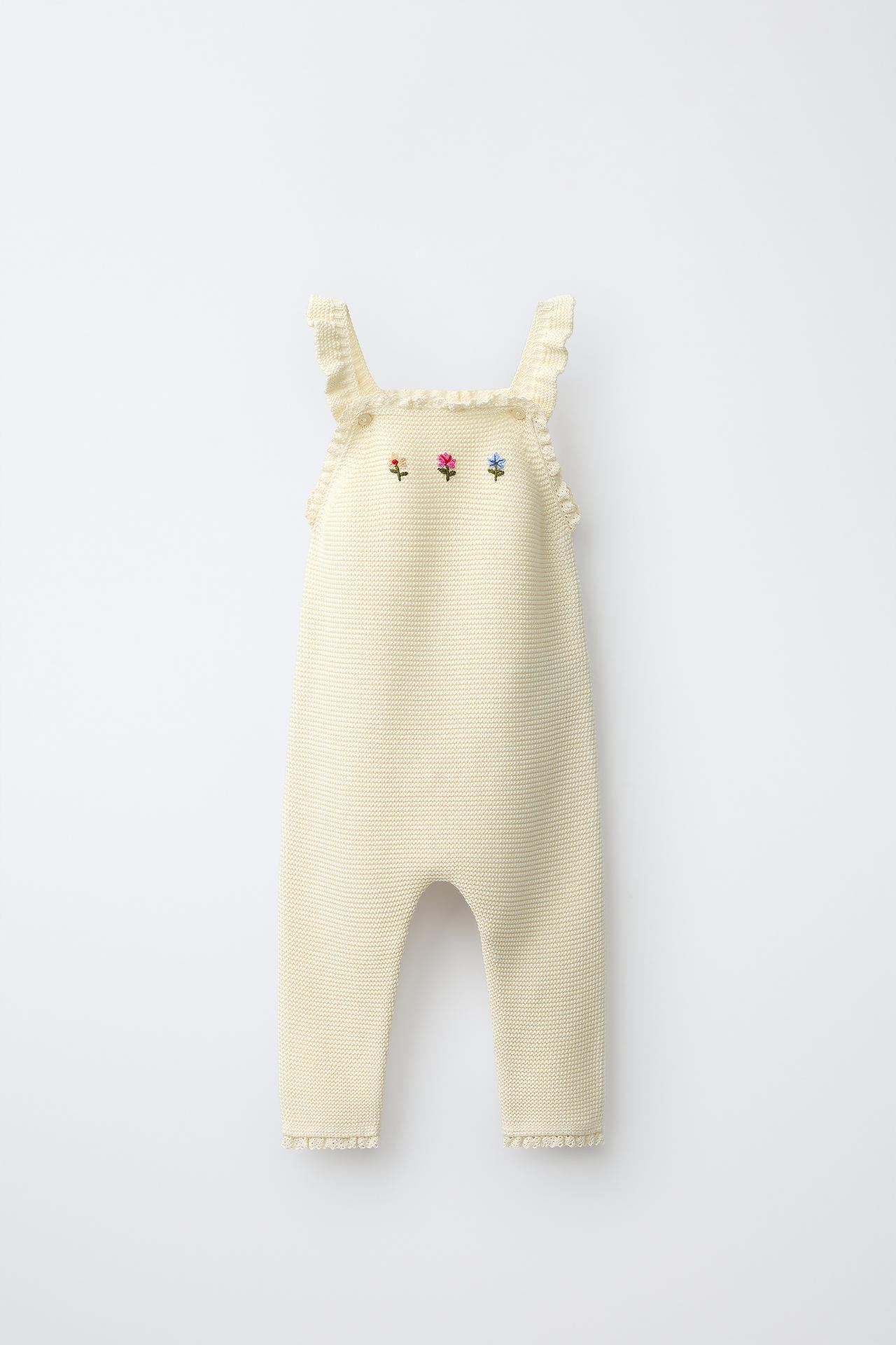 EMBROIDERED FLORAL KNIT OVERALLS — Ecru