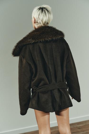 WOOL COAT WITH FAUX FUR COLLAR - Dark khaki by Zara - Image 5