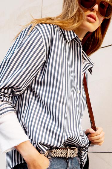 Zara LINEN BLEND CROPPED SHIRT - Blue / White