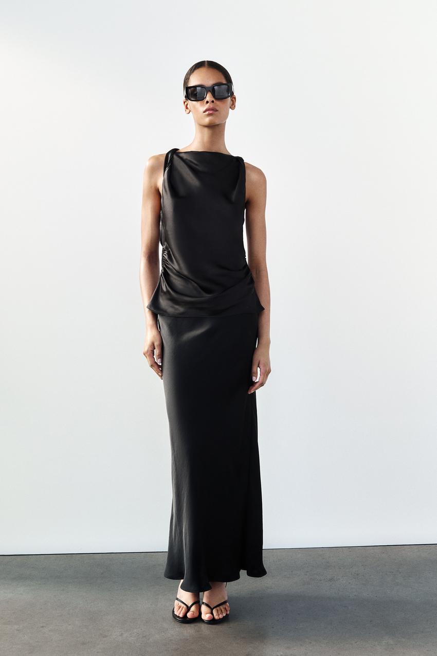 SATIN TOP WITH DRAPED DETAIL - Black