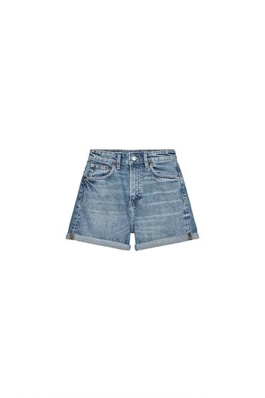Front view of blue denim shorts with front pockets and hem.