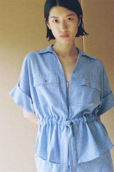 LINEN BLEND SAFARI SHIRT - Blue by Zara