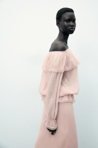 JUPE MI-LONGUE DENTELLE - Rose de Zara - Image 1