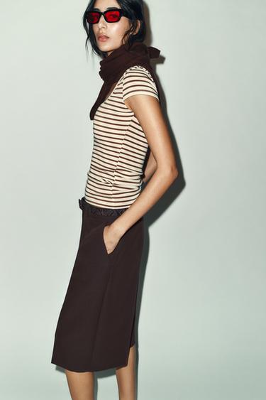 STRIPED SHORT SLEEVE T-SHIRT - Ecru / Brown by Zara - Image 4