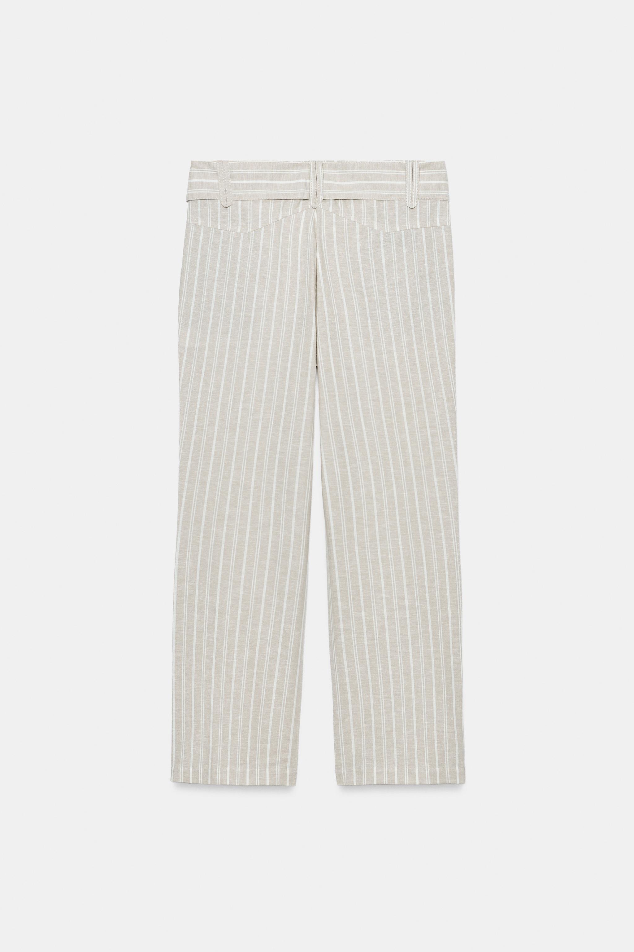STRIPED BELTED LINEN PANTS