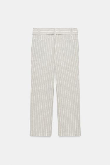 PANTALON LIN CEINTURE RAYURES - Marron clair de Zara - Image 7