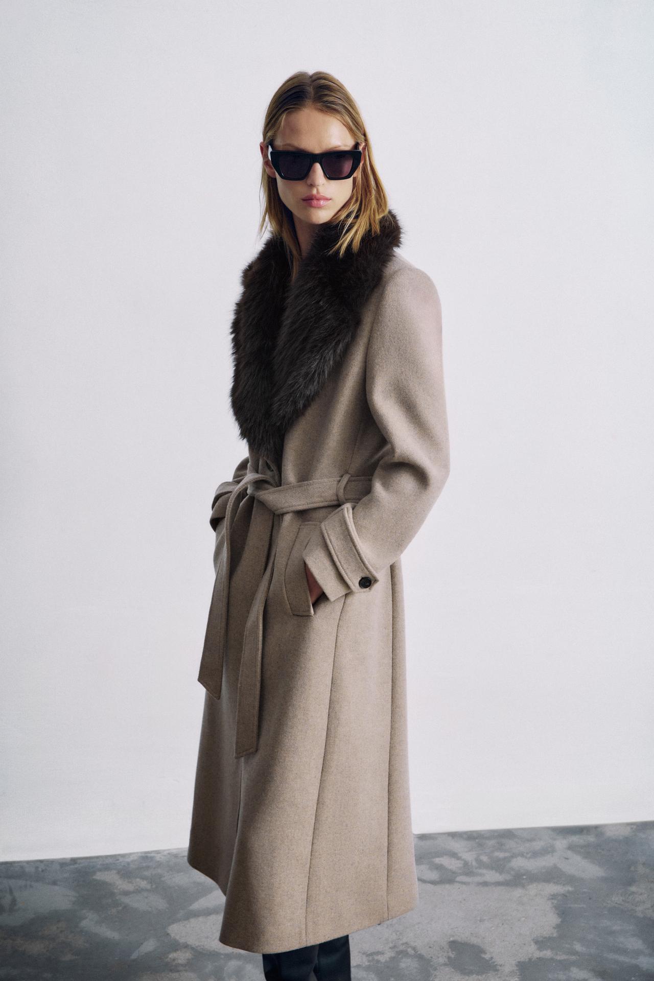 WOOL COAT WITH DETACHABLE FAUX FUR LAPEL — Light mink