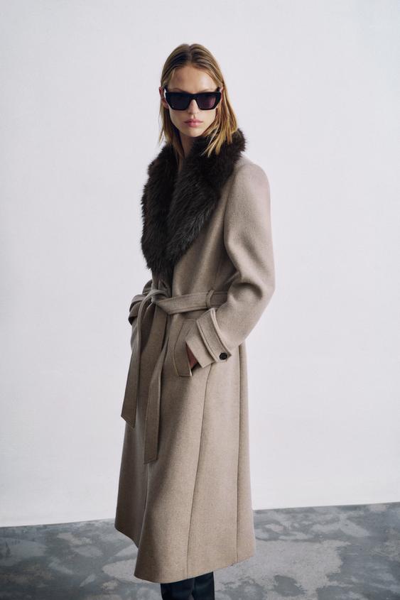 WOOL BLEND COAT WITH DETACHABLE FAUX FUR - Light mink by Zara - Image 0