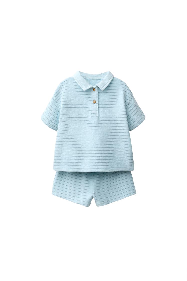 STRIPED POLO SHIRT AND BERMUDA SHORTS SET — Neon blue