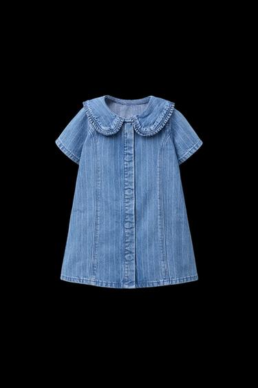 Zara STRIPED DENIM DRESS - Mid-blue