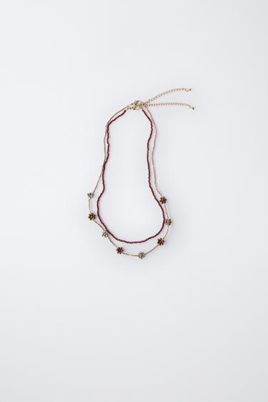 Zara TWO-PACK OF BEADED FLOWER NECKLACES - Maroon - Image 0