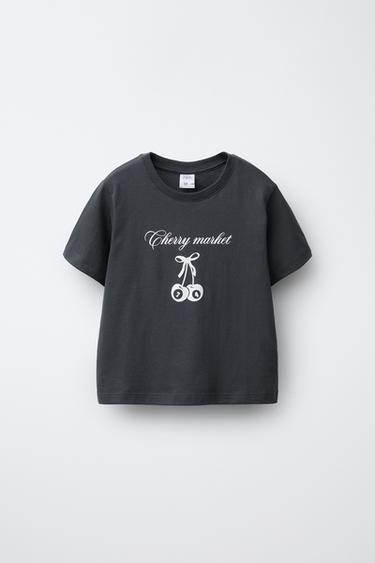 Zara TEXT AND CHERRY PRINT T-SHIRT - Dark anthracite