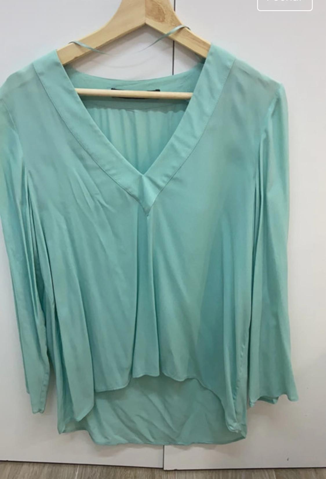 Front view of a mint green blouse with a V-neck and long sleeves.