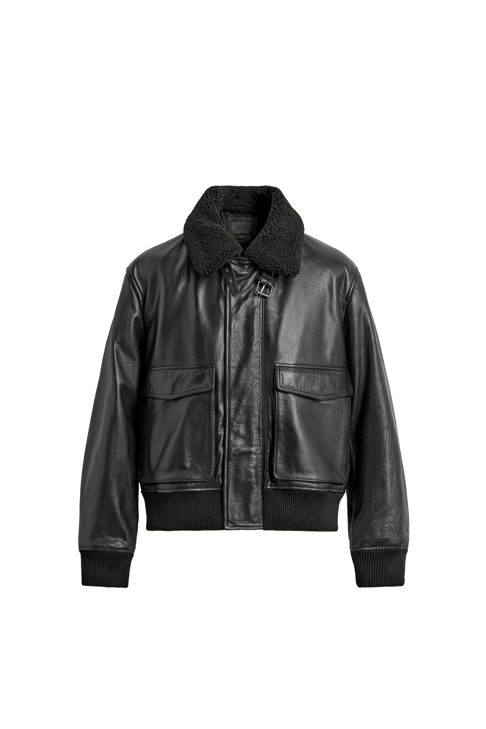 JAQUETA DE COURO COM GOLA COMBINADA - Preto | ZARA Brasil