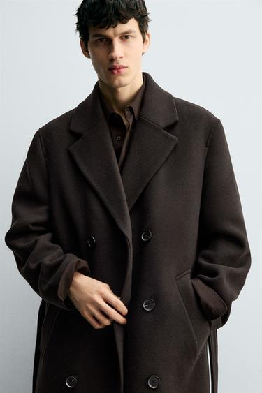 Zara DOUBLE-BREASTED WOOL BLEND COAT WITH BELT - Brown