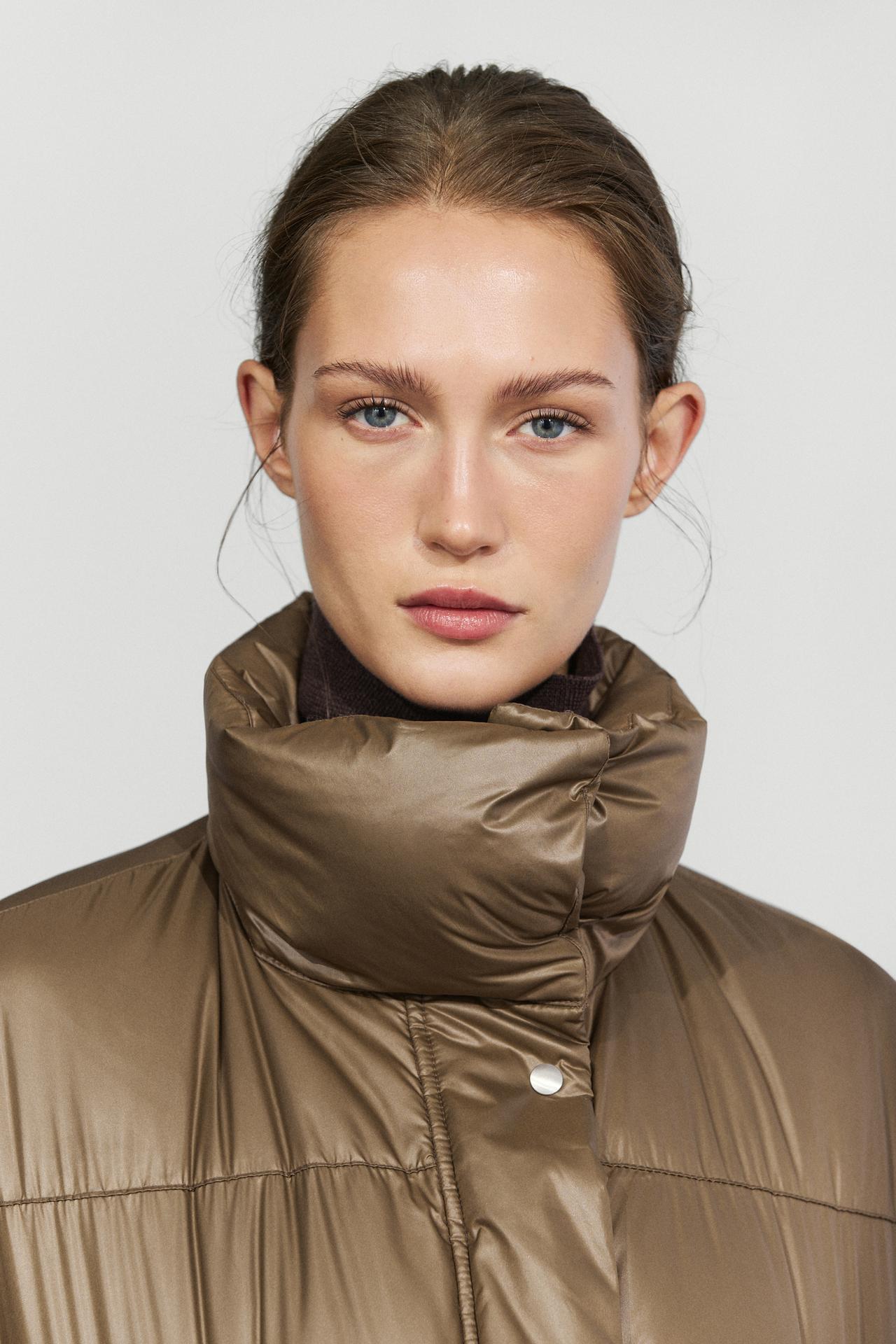 Down jacket with plaid interior detail — Dark mink