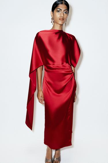 SATIN MIDI DRESS WITH CAPE - Mid-red by Zara
