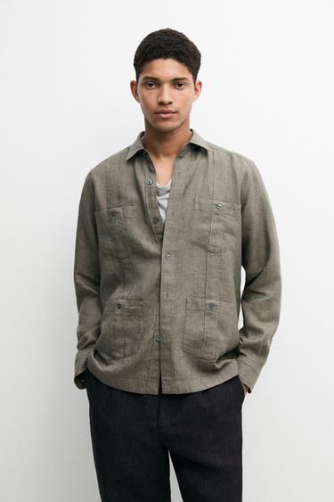 Zara Regular fit 100% linen shirt with pockets - Green