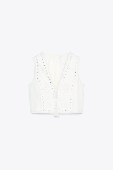 TOP GILET BRODÉ AVEC MIROIRS - Blanc de Zara - Image 4
