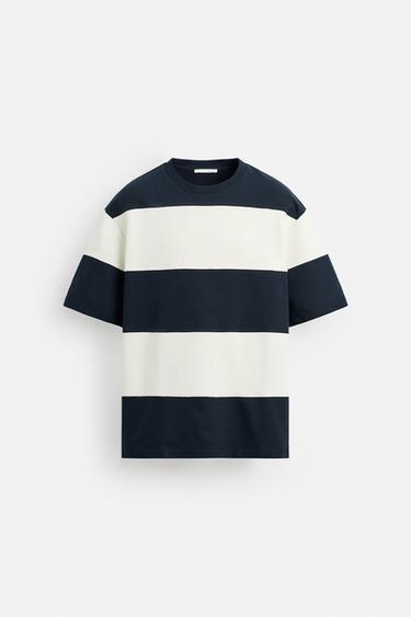 Zara CONTRAST STRIPE SWEATSHIRT - Ecru / Navy