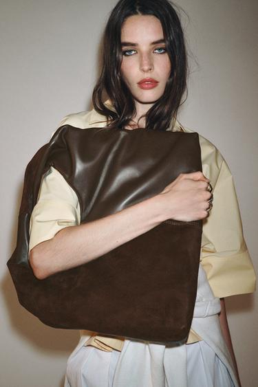 Zara CONTRAST LEATHER SHOULDER BAG - Chocolate