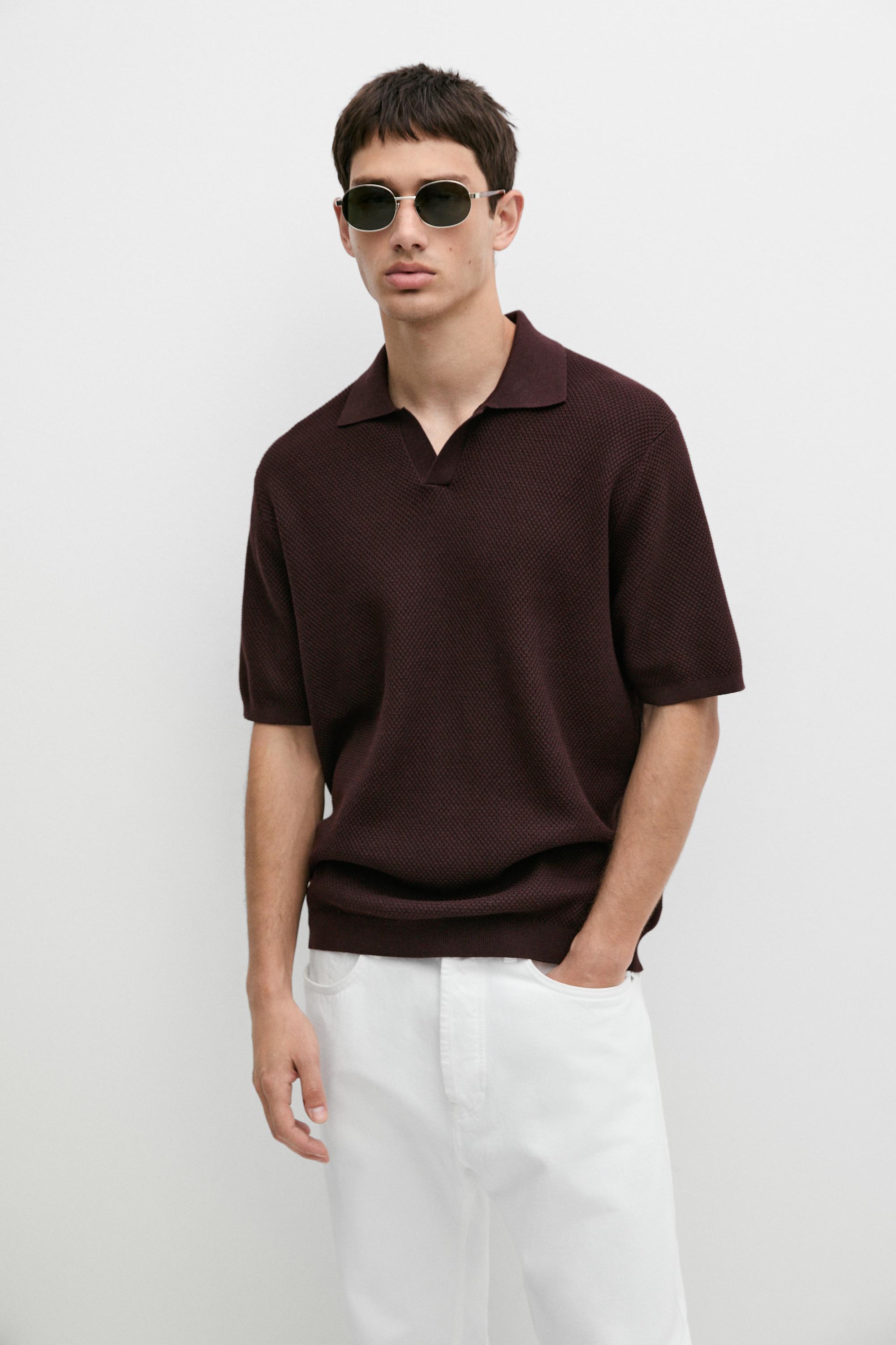 Cotton blend knit V-neck polo shirt — Burgundy