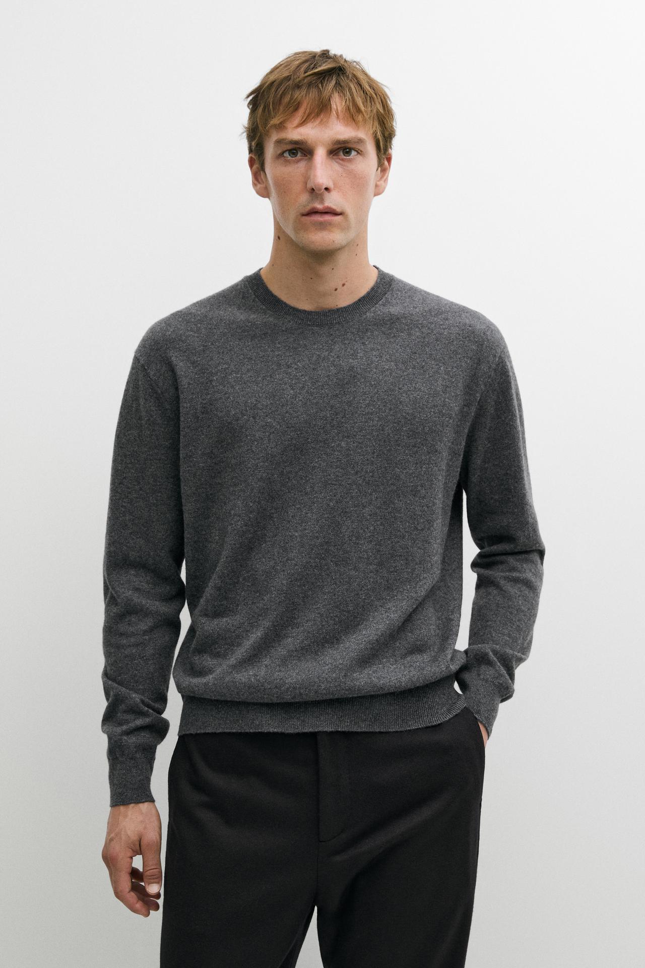 Knit 100% cashmere round neck sweater — Mid-gray