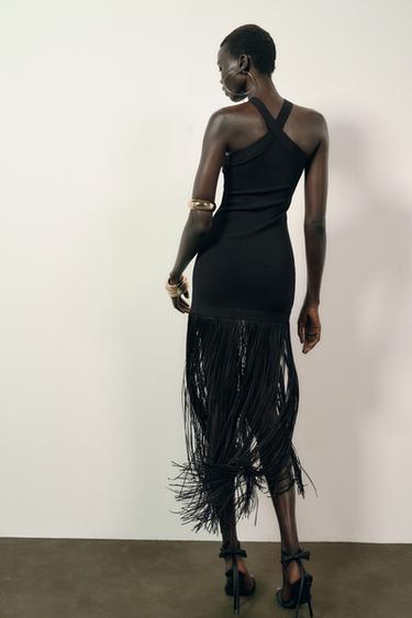 STRETCH LONG DRESS WITH FRINGING - Black by Zara - Image 5