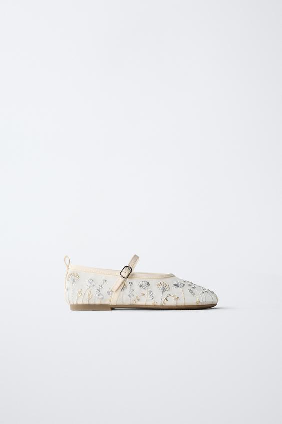 EMBROIDERED BALLET FLATS - Silver by Zara - Image 0