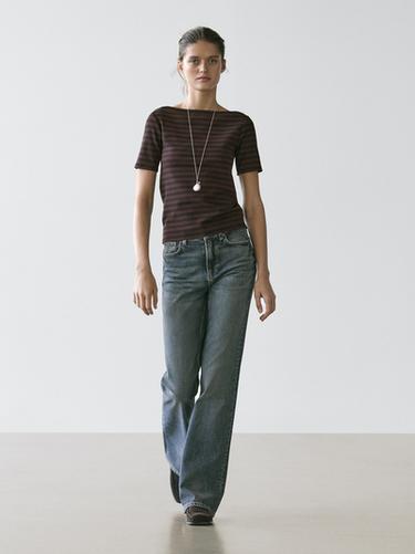 Zara Striped short sleeve boat neck T-shirt - Brown - Image 0