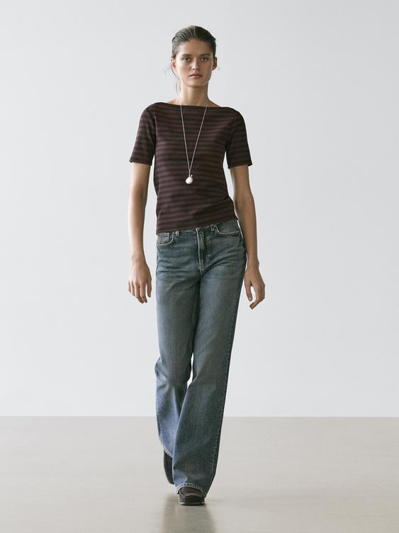 Striped short sleeve boat neck T-shirt