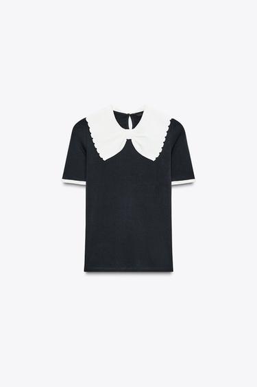CHUNKY KNIT COLLAR T-SHIRT WITH BOW - Black by Zara - Image 0