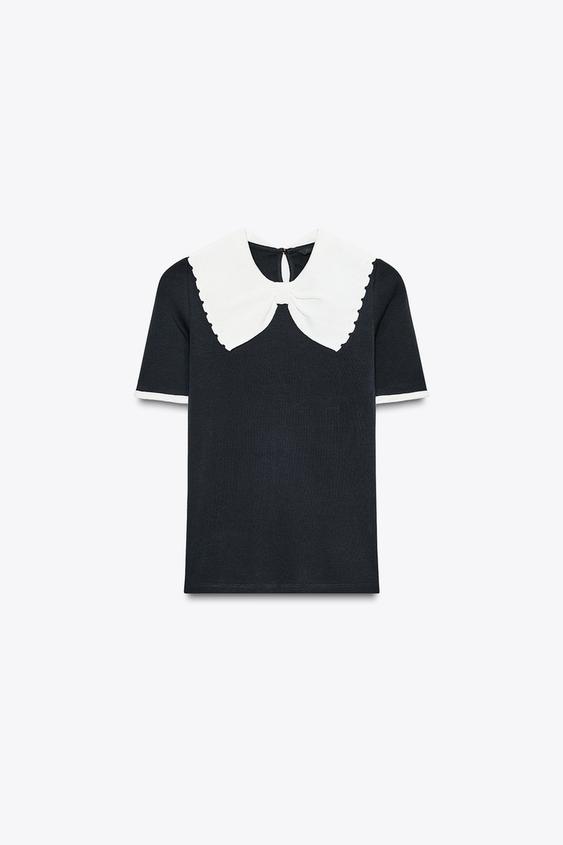 KNIT COLLAR BOW T-SHIRT