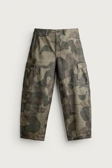 Zara PRINTED CARGO BALLOON FIT PANTS - Khaki