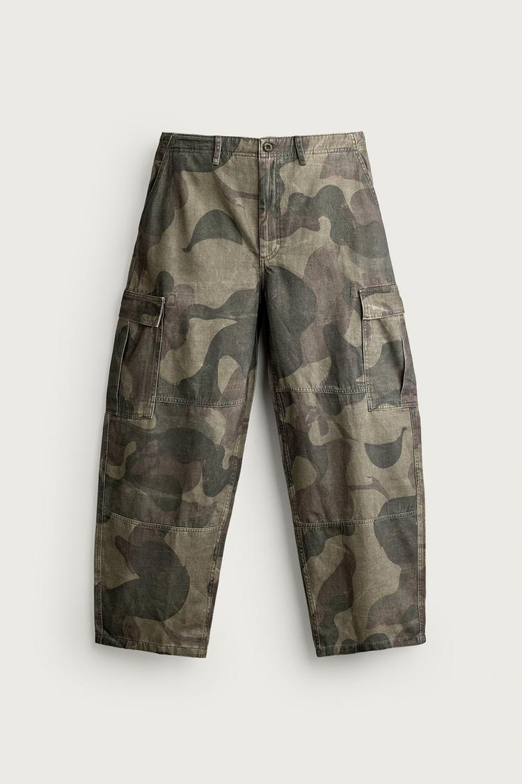 PRINTED CARGO BALLOON FIT PANTS — Khaki