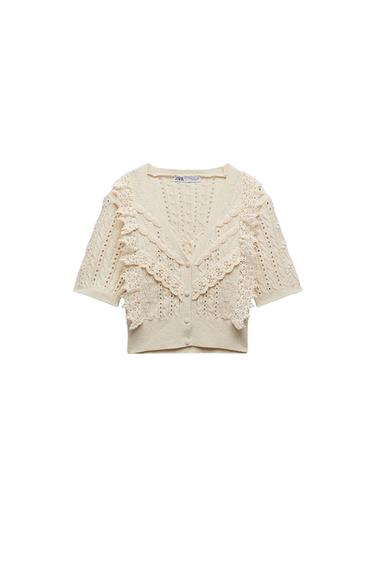 POINTELLE RUFFLED KNIT CARDIGAN