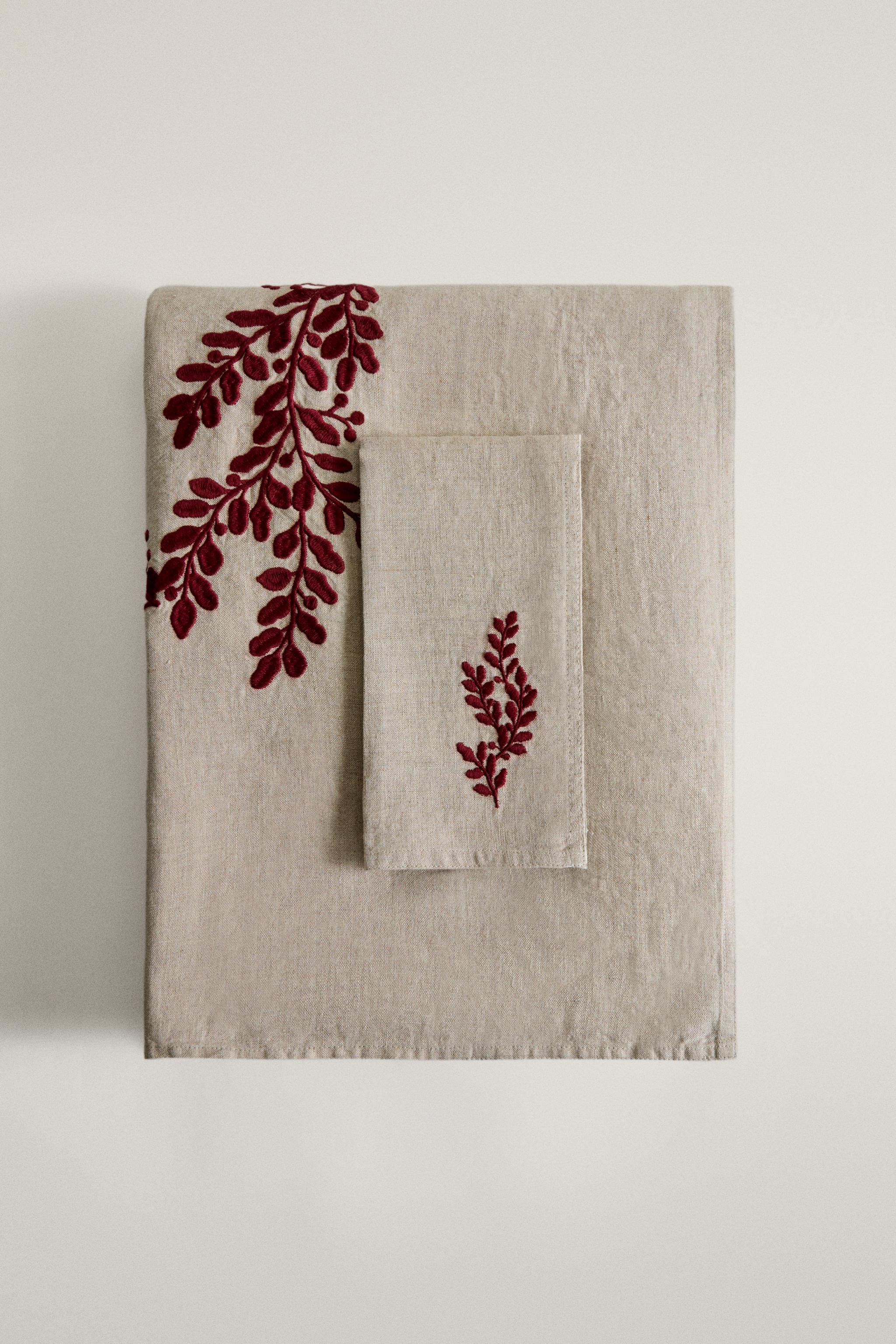 CHRISTMAS EMBROIDERED LINEN TABLECLOTH