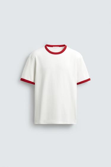 ФУТБОЛКА В РУБЧИК С КОНТРАСТНОЙ ОТДЕЛКОЙ БАЗОВАЯ — Белый / Красный от Zara