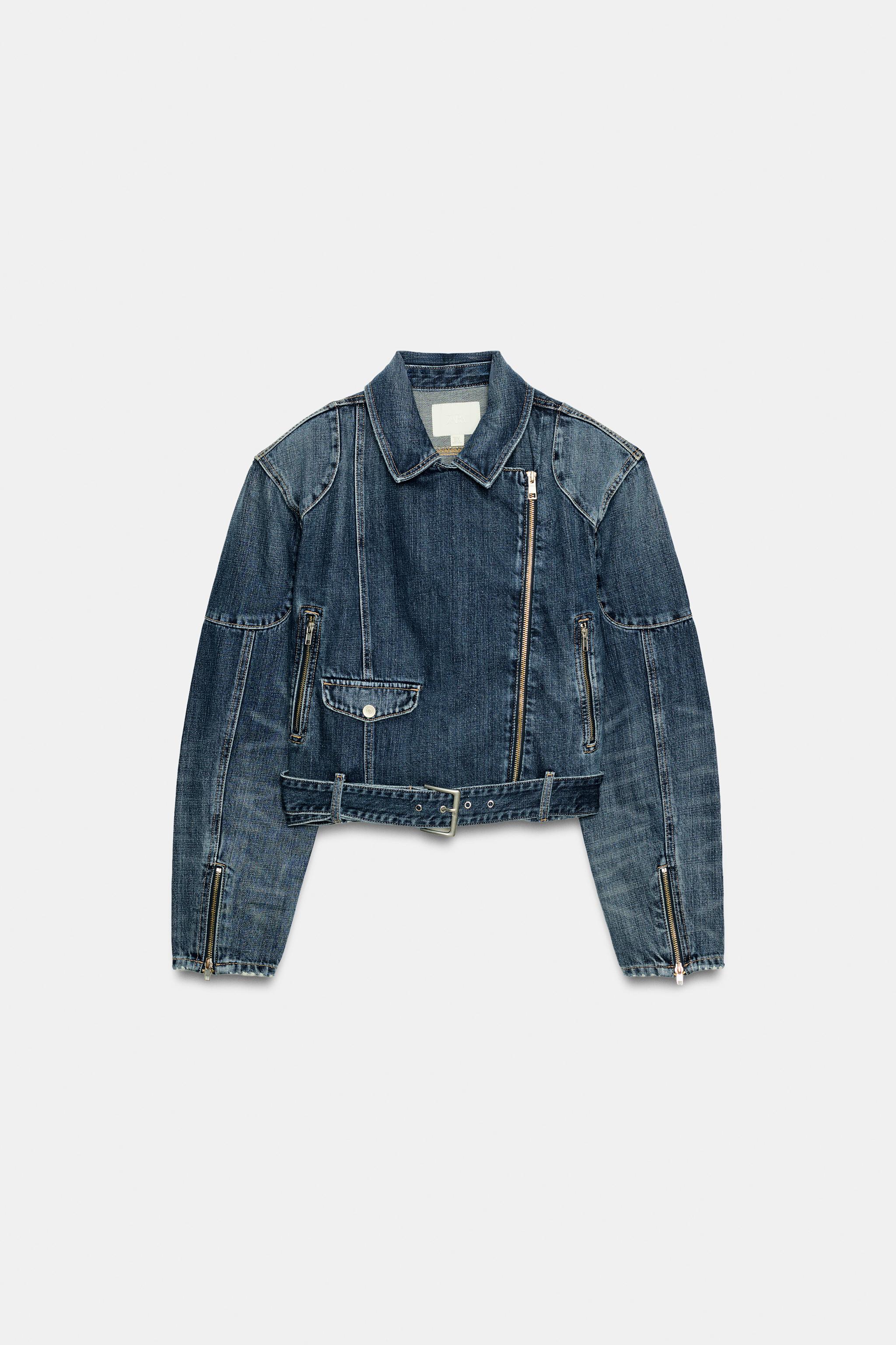 Женские куртки Zara TRF DENIM BIKER JACKET WITH BELT — фото 8