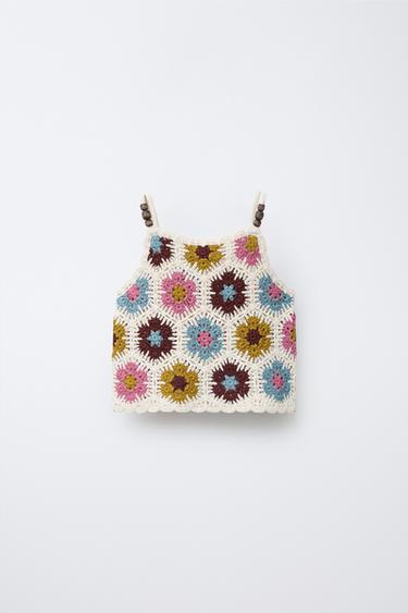 FLORAL AND BEADED CROCHET KNIT TOP - Multicoloured by Zara