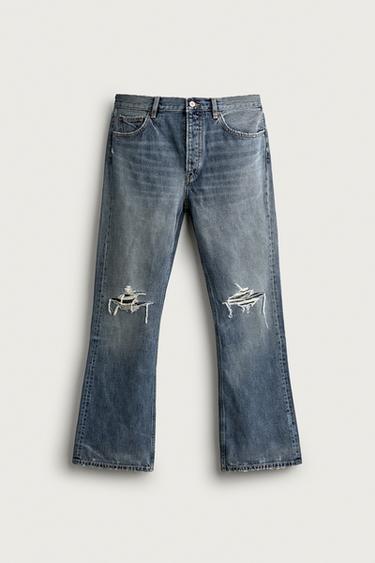 DISTRESSED FLARE FIT JEANS — Mid-blue 1