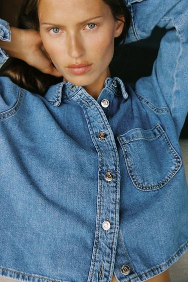 CROPPED DENIM SHIRT - Mid-blue by Zara