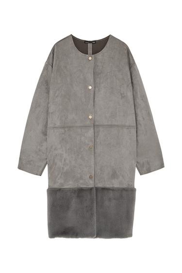Front view of a grey coat with gold buttons and a textured detail at the bottom.