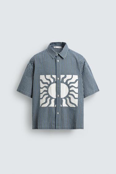 BOXY FIT SHIRT WITH CONTRAST CHECK PATCHES - Blue/White by Zara