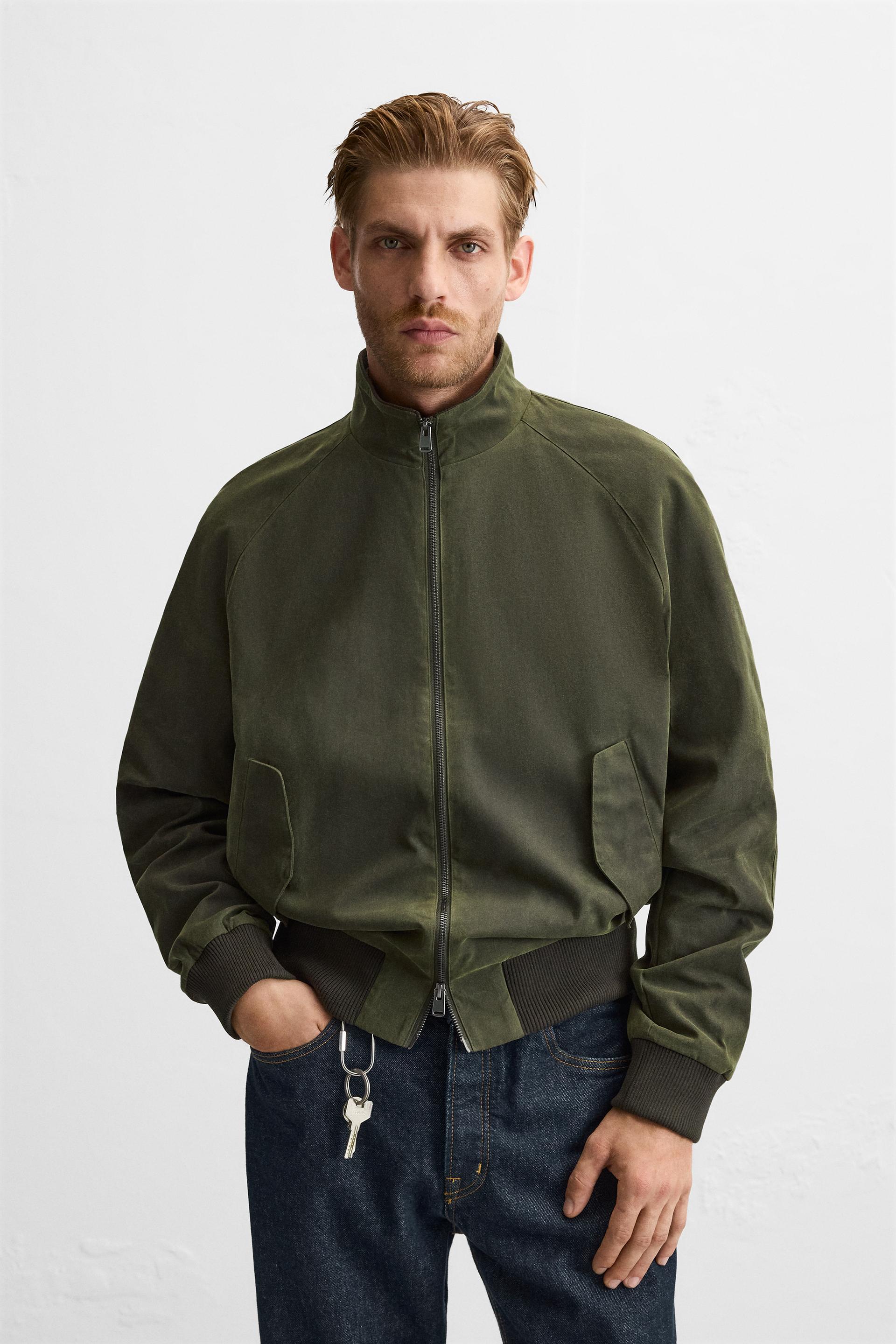 Zara Chamarra Bomber Efecto Encerado En Khaki Mx 42 Us L Hombre