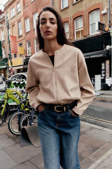 FAUX SUEDE BOMBER JACKET - Ecru by Zara - Image 1