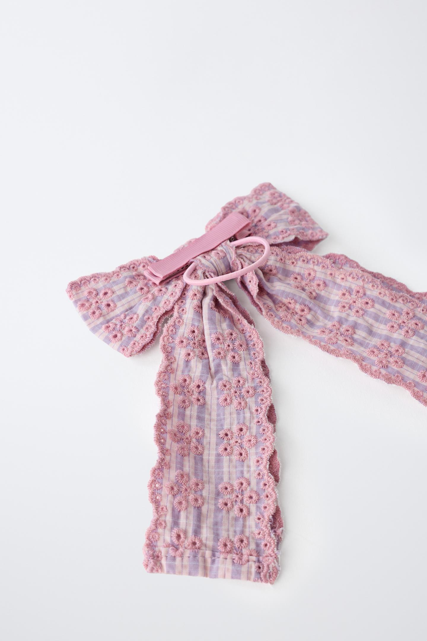 Детские аксессуары для волос Zara Swiss Embroidery Bow Hair Tie and Barrette, цвет: Розовато-лиловый — фото 3