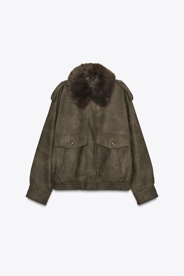 REMOVABLE COLLAR FAUX SUEDE JACKET - Khaki by Zara