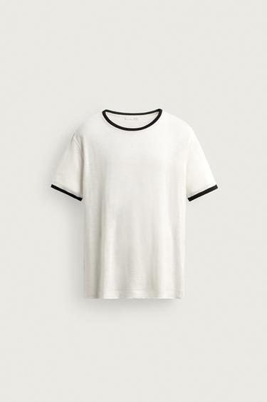 CAMISETA REGULAR FIT CONTRASTE MEZCLA LINO - Blanco roto de Zara